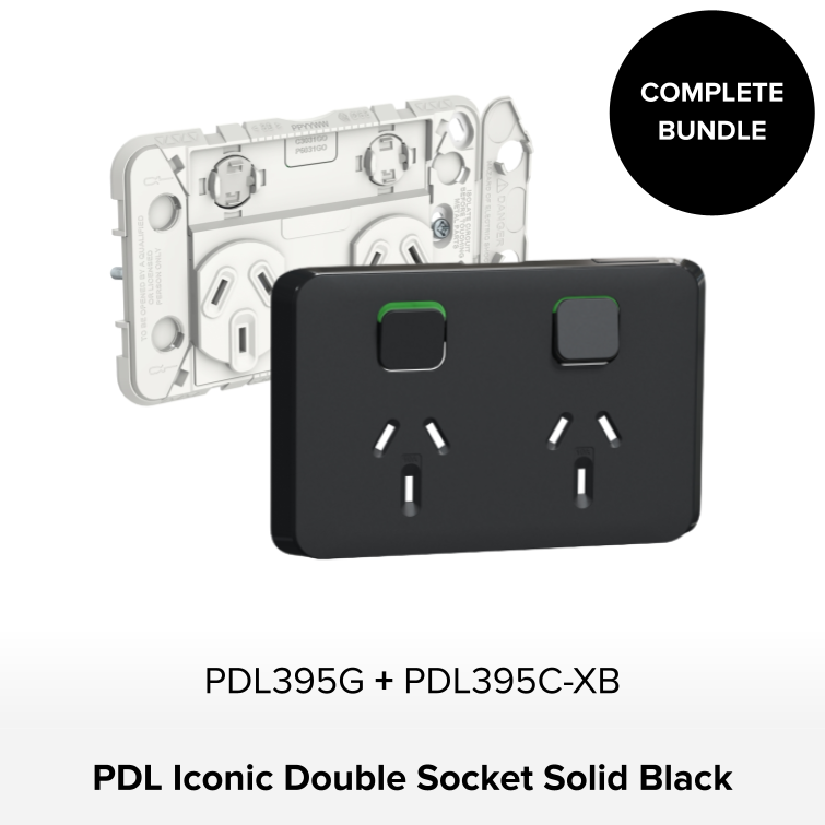 Bundle - PDL Iconic, 2 switch & 2 socket, Horizontal, 10 A + Skin - Black